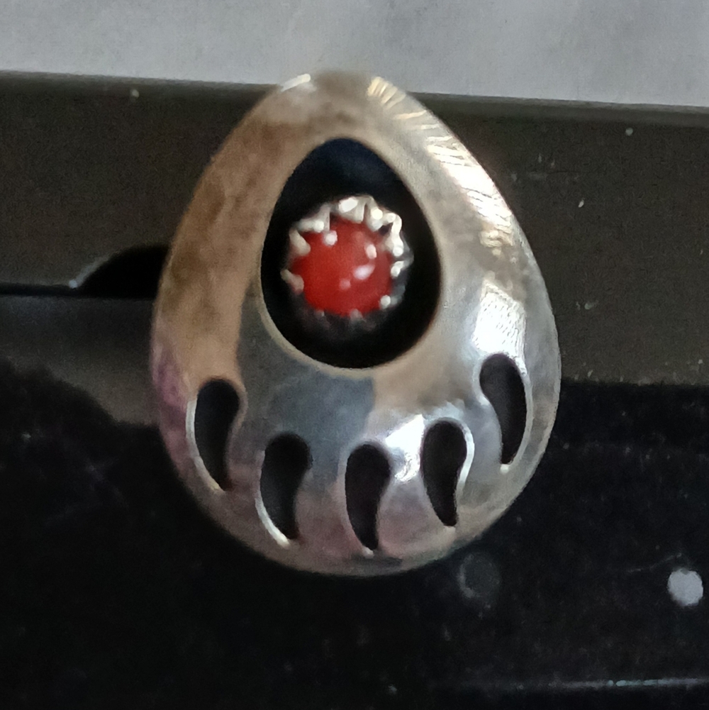 Navajo Sterling Silver Bear Paw Coral Single Stud Earring